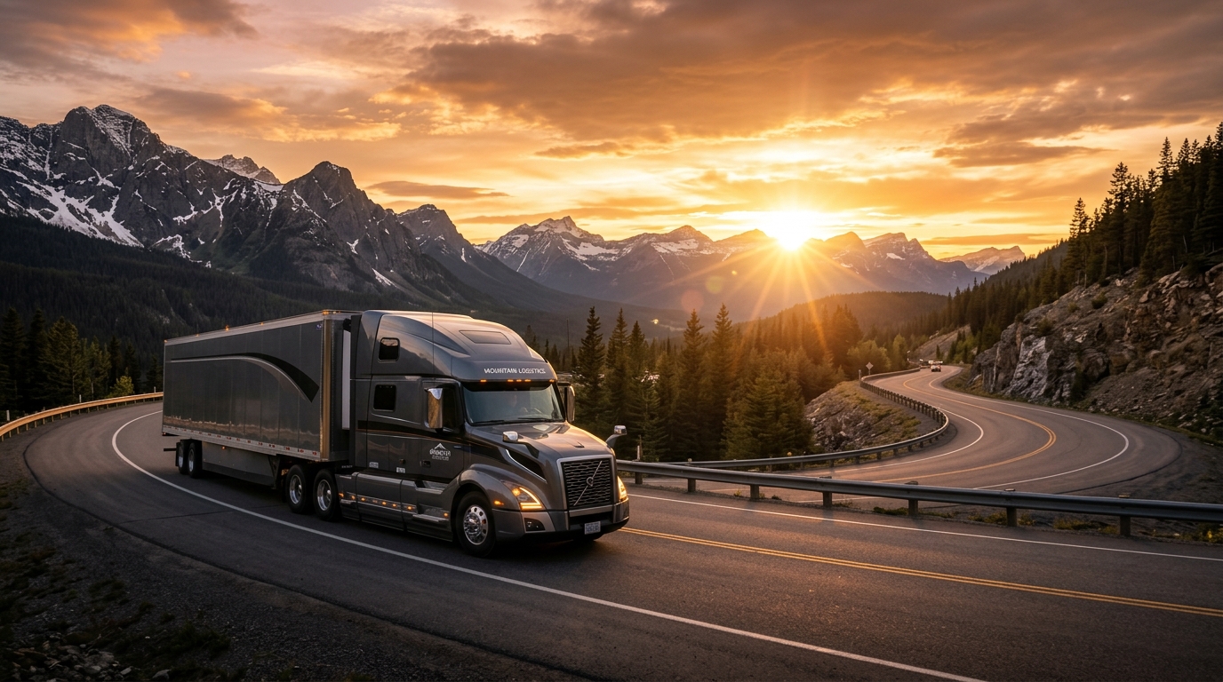 Commercial Big Rig Truck driving at Sunset